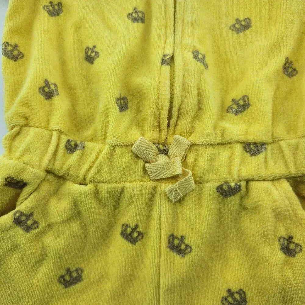 Juicy Couture Baby Girl Zip Front Hooded Romper Terry Cloth Yellow Crowns Sz 18M